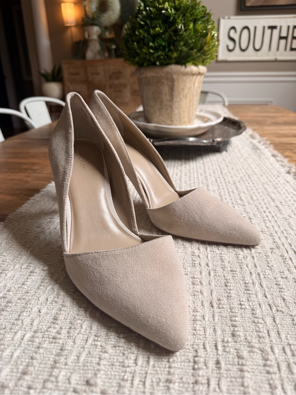 Ann Taylor Suede Pointed D'Orsay Pumps in Light Beige